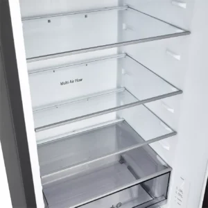 Le réfrigérateur LG GBBSJ20DEP est équipé de quatre clayettes en verre et d'un tiroir inférieur transparent portant la mention « Multi Air Flow », spécialement conçu pour garantir une fraîcheur optimale.
