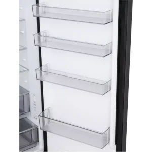 La porte intérieure du LG GBBSJ20DEP comporte quatre étagères transparentes vides.
