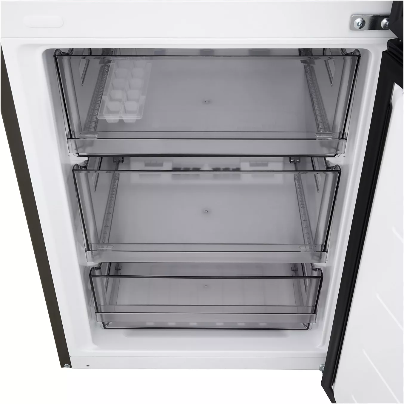 Réfrigérateur-congélateur LG GBBSJ20DEP ouvert, avec trois tiroirs transparents vides et un bac à glaçons sur l'étagère du haut.