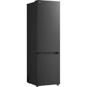 Un réfrigérateur LG GBBSJ20DEP, de couleur noire, à deux portes et avec le congélateur en bas, est présenté sur un fond blanc.