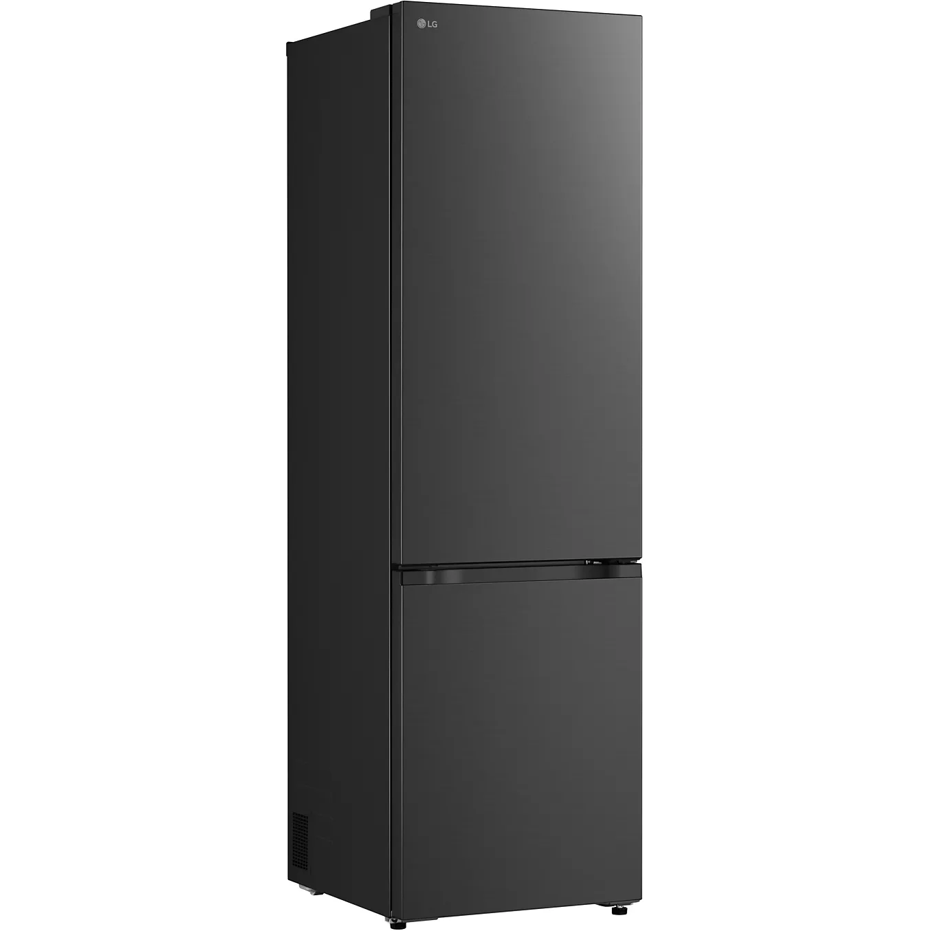 Un réfrigérateur LG GBBSJ20DEP, de couleur noire, à deux portes et avec le congélateur en bas, est présenté sur un fond blanc.