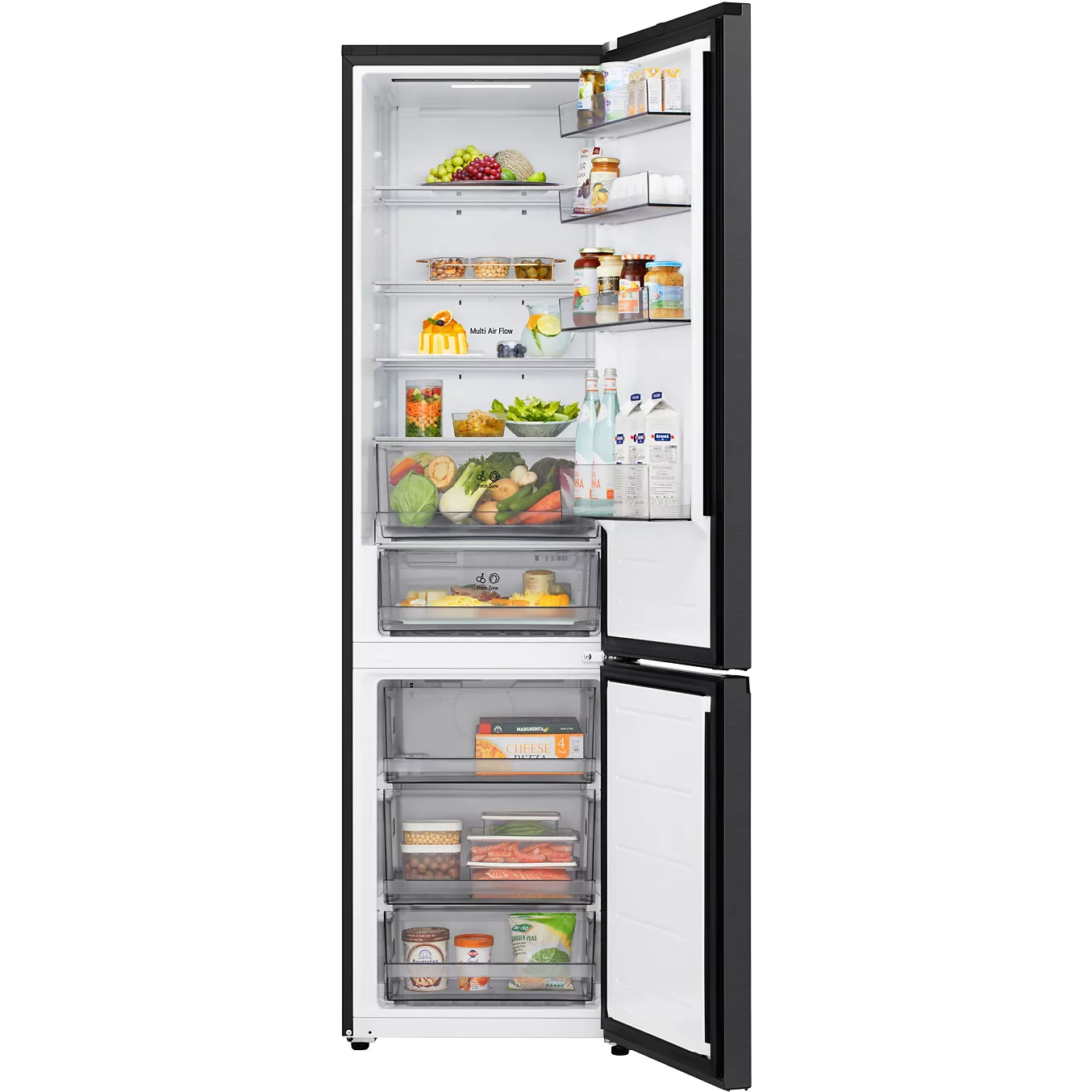 Ouvrez le réfrigérateur LG GBBSJ20DEP pour découvrir des fruits, des légumes, des boissons, des produits laitiers, des en-cas et des aliments surgelés, soigneusement rangés sur ses étagères.
