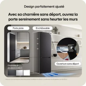 Publicité pour la cuisine française présentant le réfrigérateur LG GBBSJ20DEP équipé de la technologie Smart Inverter, montrant la porte noire du réfrigérateur qui s'ouvre à 110 degrés sans heurter le mur ; texte en français.