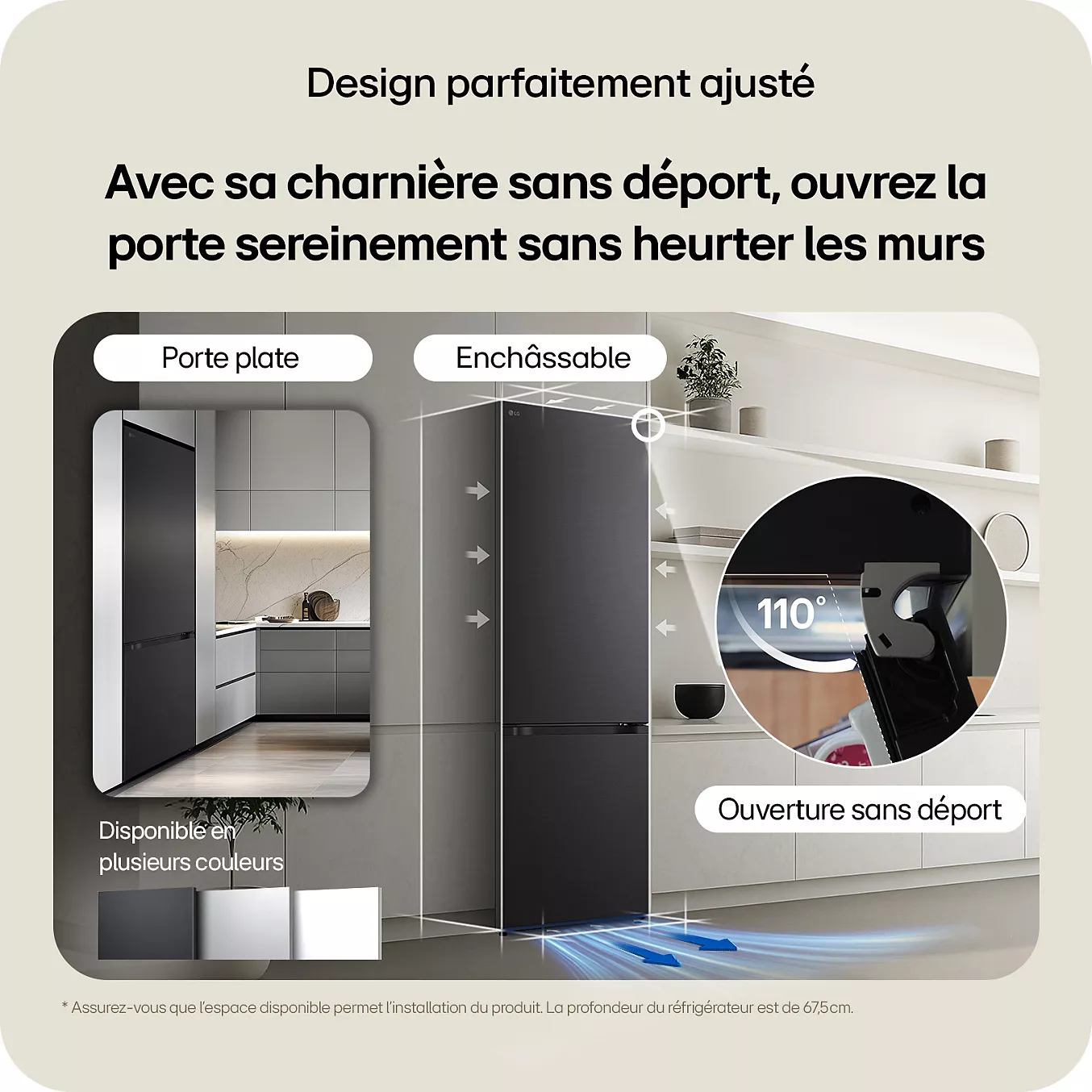 Publicité pour la cuisine française présentant le réfrigérateur LG GBBSJ20DEP équipé de la technologie Smart Inverter, montrant la porte noire du réfrigérateur qui s'ouvre à 110 degrés sans heurter le mur ; texte en français.