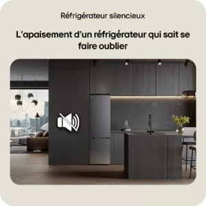 Cuisine moderne équipée du réfrigérateur silencieux LG GBBSJ20DEP, d'une icône représentant un son atténué et d'un texte en français mettant en avant les appareils électroménagers silencieux.