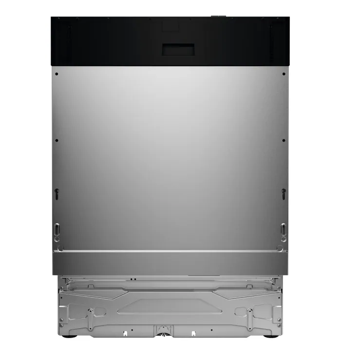 Vue de face du lave-vaisselle en acier inoxydable ELECTROLUX E62LB202S, porte fermée, présentant un design épuré, sans commandes ni logos de marque visibles.