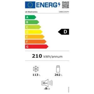 Le modèle LG GBBSJ20DPY est doté d'un label énergétique européen correspondant à la classe d'efficacité énergétique D, d'une consommation énergétique annuelle de 210 kWh, d'une capacité de congélation de 113 litres, d'un compartiment réfrigérateur de 262 litres et fonctionne à un niveau sonore très faible de seulement 35 dB.