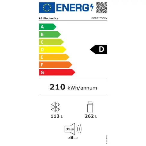 Le modèle LG GBBSJ20DPY est doté d'un label énergétique européen correspondant à la classe d'efficacité énergétique D, d'une consommation énergétique annuelle de 210 kWh, d'une capacité de congélation de 113 litres, d'un compartiment réfrigérateur de 262 litres et fonctionne à un niveau sonore très faible de seulement 35 dB.