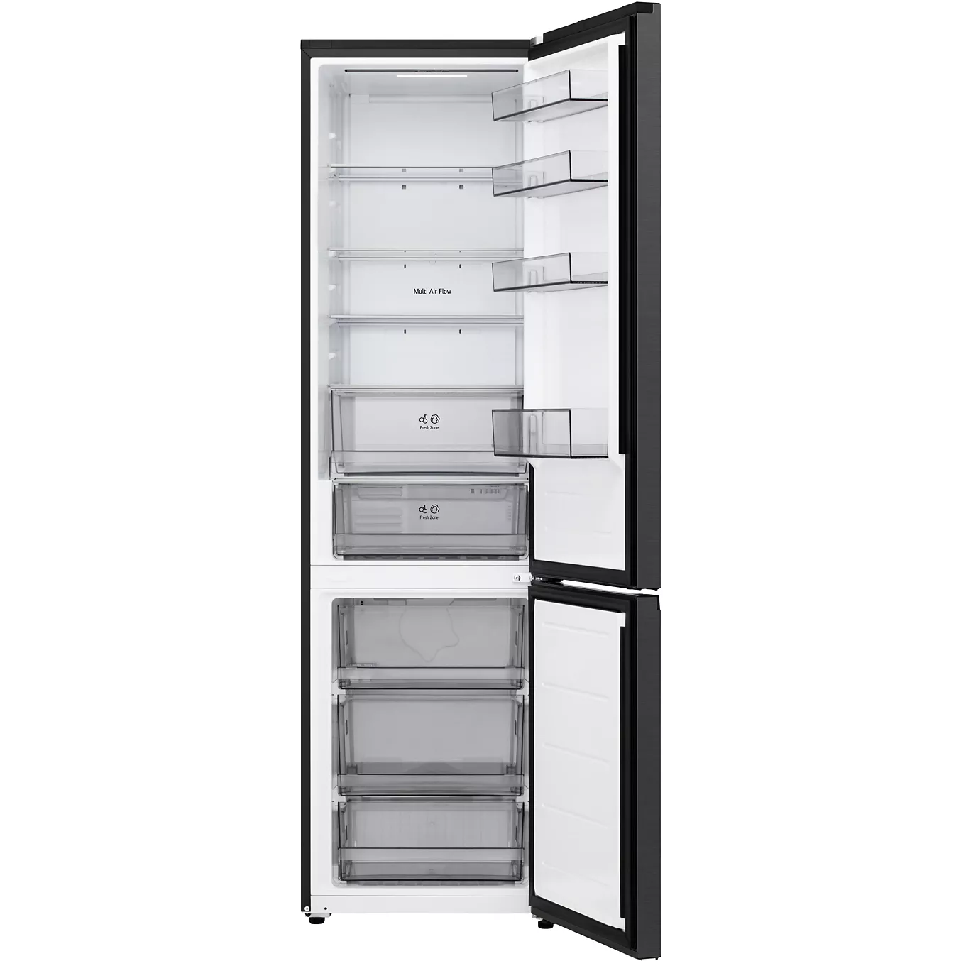 Sur la photo, le réfrigérateur LG GBBSJ20DEP est représenté avec les portes du réfrigérateur et du congélateur ouvertes, dévoilant ainsi ses étagères et ses tiroirs.
