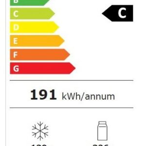Le réfrigérateur LG GBBW322CEV affiche une classe énergétique C, avec une consommation annuelle de 191 kWh, un compartiment congélateur de 139 litres, un compartiment réfrigérateur de 326 litres et un niveau sonore de 33 dB.