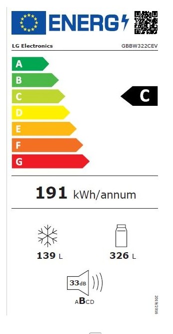 Le réfrigérateur LG GBBW322CEV affiche une classe énergétique C, avec une consommation annuelle de 191 kWh, un compartiment congélateur de 139 litres, un compartiment réfrigérateur de 326 litres et un niveau sonore de 33 dB.