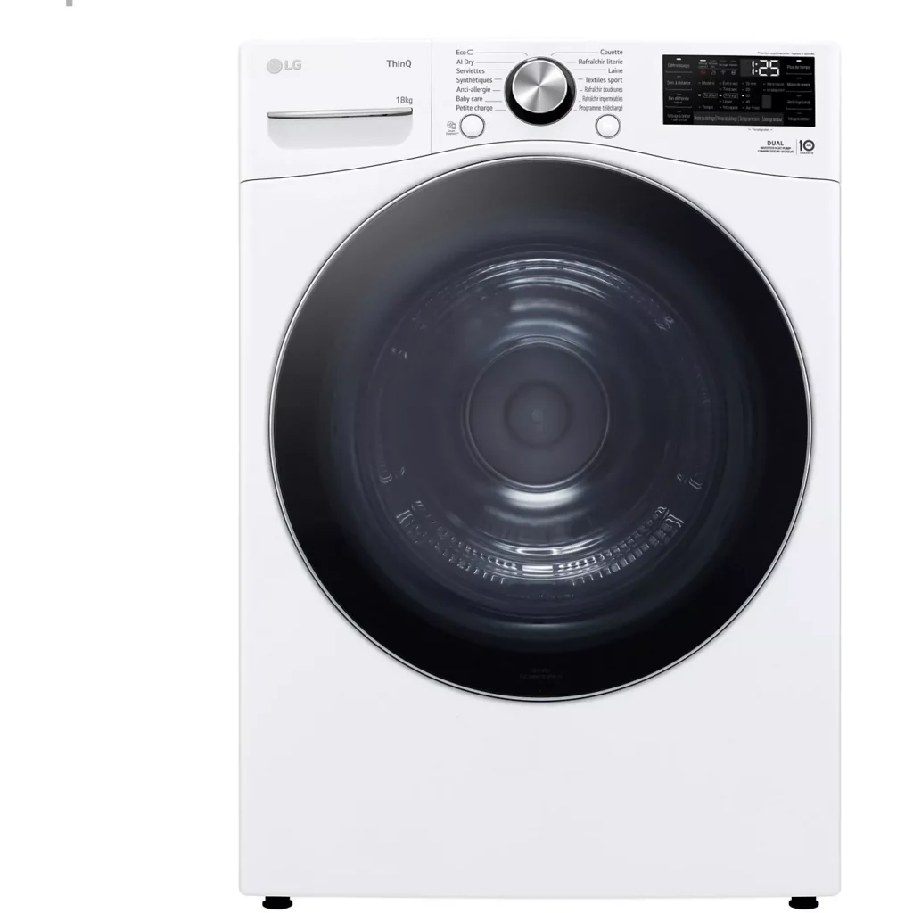Vue de face du modèle LG RH8P12WH en blanc, doté d'un affichage numérique et d'une porte ronde, photographié sur un fond uni.