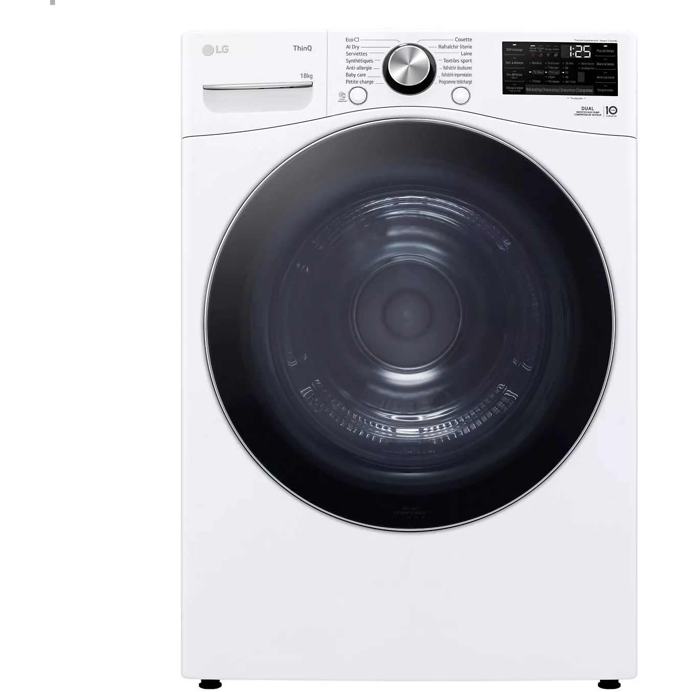 Vue de face du modèle LG RH8P12WH en blanc, doté d'un affichage numérique et d'une porte ronde, photographié sur un fond uni.