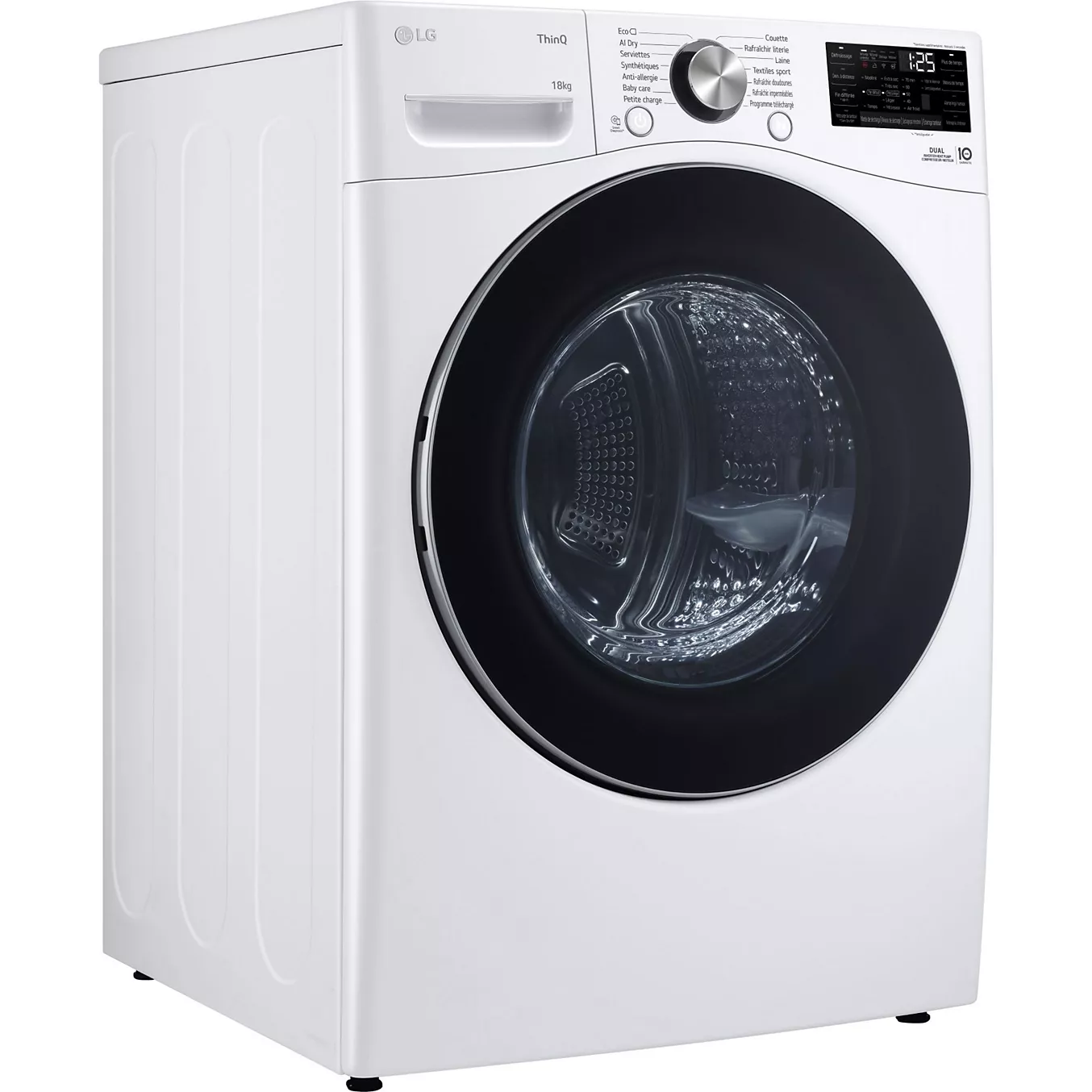 Lave-linge à chargement frontal LG RH8P12WH blanc, équipé d'un écran numérique et d'un bouton de commande situé en haut à droite.
