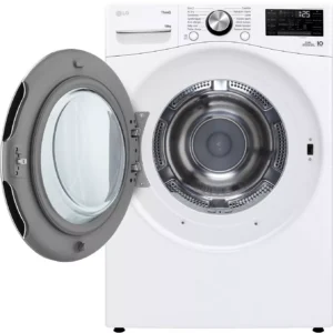 La machine à laver blanche à chargement frontal LG RH8P12WH est représentée avec sa porte ouverte, dévoilant le tambour en acier inoxydable vide à l'intérieur.