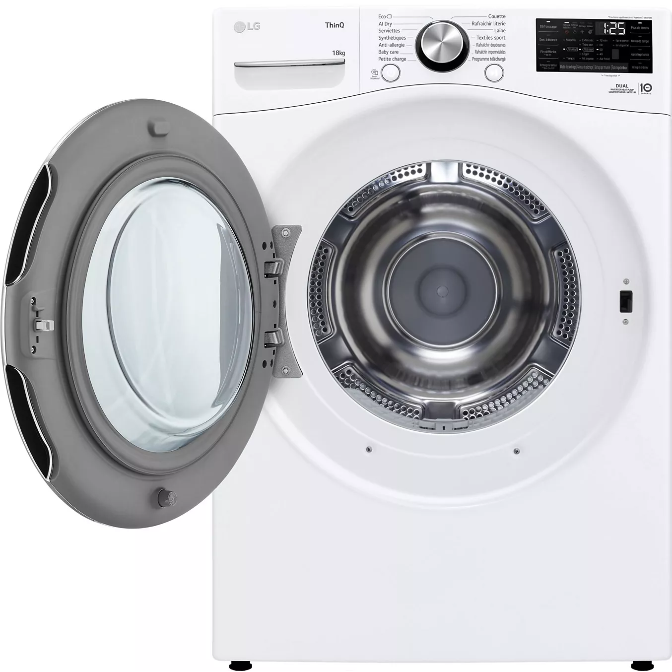La machine à laver blanche à chargement frontal LG RH8P12WH est représentée avec sa porte ouverte, dévoilant le tambour en acier inoxydable vide à l'intérieur.