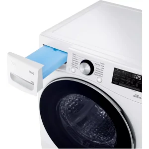 La machine à laver à chargement frontal LG RH8P12WH se caractérise par un boîtier blanc, un bac à lessive ouvert et un écran numérique indiquant qu'il reste 1 min 25 s.