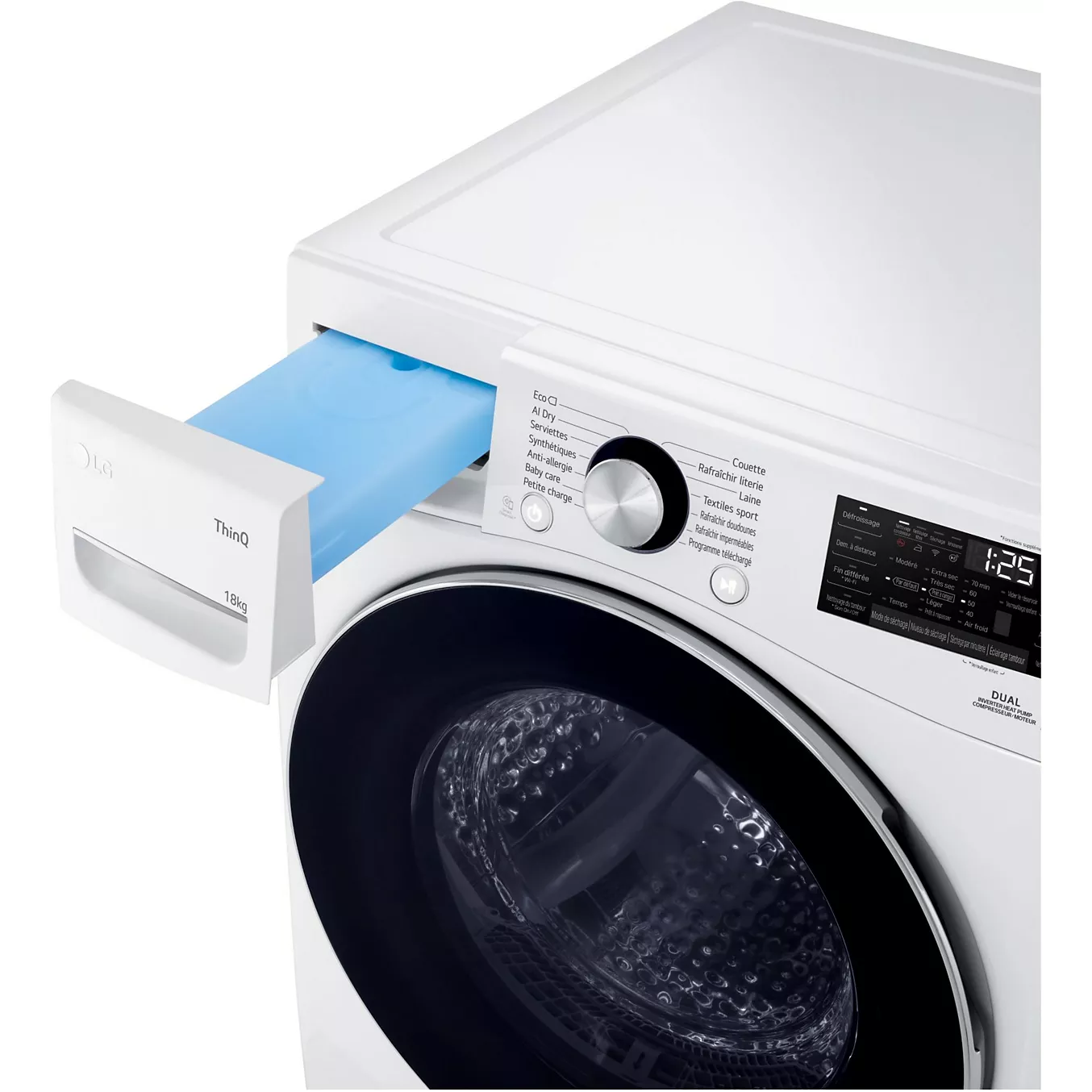 La machine à laver à chargement frontal LG RH8P12WH se caractérise par un boîtier blanc, un bac à lessive ouvert et un écran numérique indiquant qu'il reste 1 min 25 s.