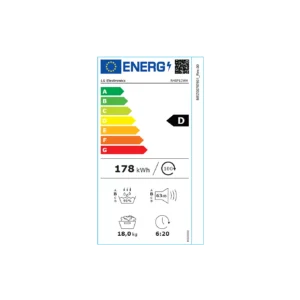 Étiquette énergétique du modèle LG RH8P12WH : classe énergétique D, consommation annuelle de 178 kWh, capacité de 18 kg, durée du cycle de 6 h 20, niveau sonore de 63 dB et rendement de 100 %.