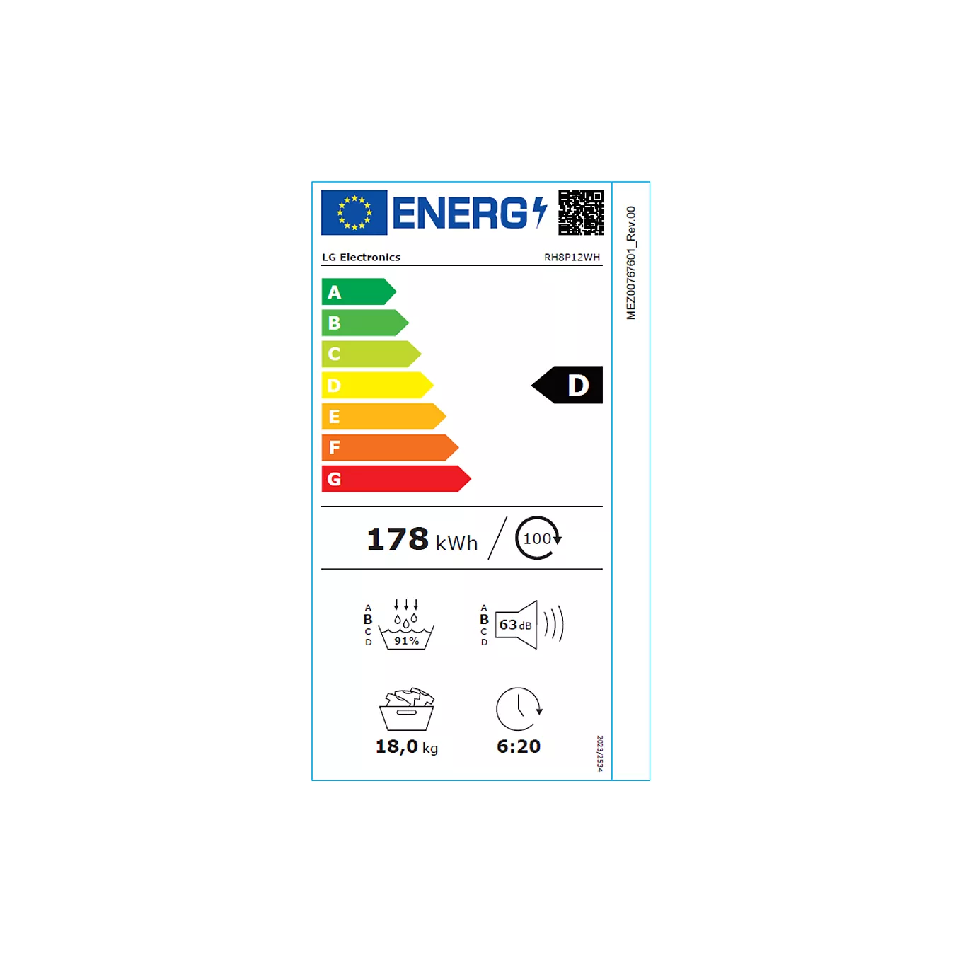 Étiquette énergétique du modèle LG RH8P12WH : classe énergétique D, consommation annuelle de 178 kWh, capacité de 18 kg, durée du cycle de 6 h 20, niveau sonore de 63 dB et rendement de 100 %.
