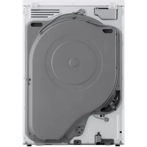 Vue arrière du lave-linge LG RH8P12WH, montrant un grand panneau circulaire gris et un tuyau enroulé à l'intérieur du boîtier.