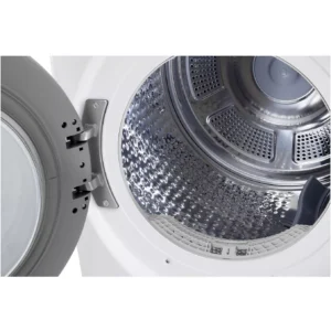 La machine à laver à chargement frontal LG RH8P12WH est ouverte, laissant apparaître son tambour métallique brillant et vide ainsi qu'une partie de la porte.