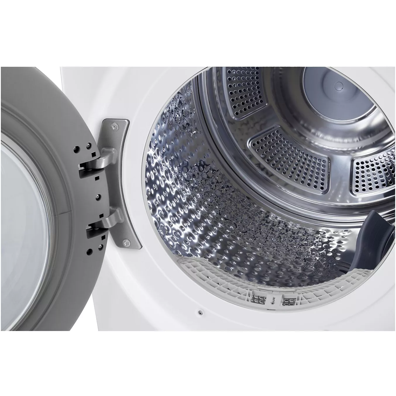 La machine à laver à chargement frontal LG RH8P12WH est ouverte, laissant apparaître son tambour métallique brillant et vide ainsi qu'une partie de la porte.