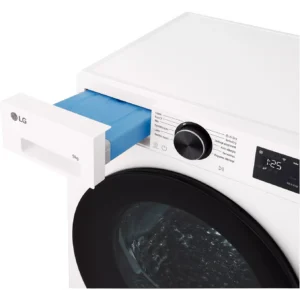 Gros plan sur la machine à laver LG RH9X71WH (Copie), avec le bac à lessive ouvert et l'écran d'affichage numérique visible.