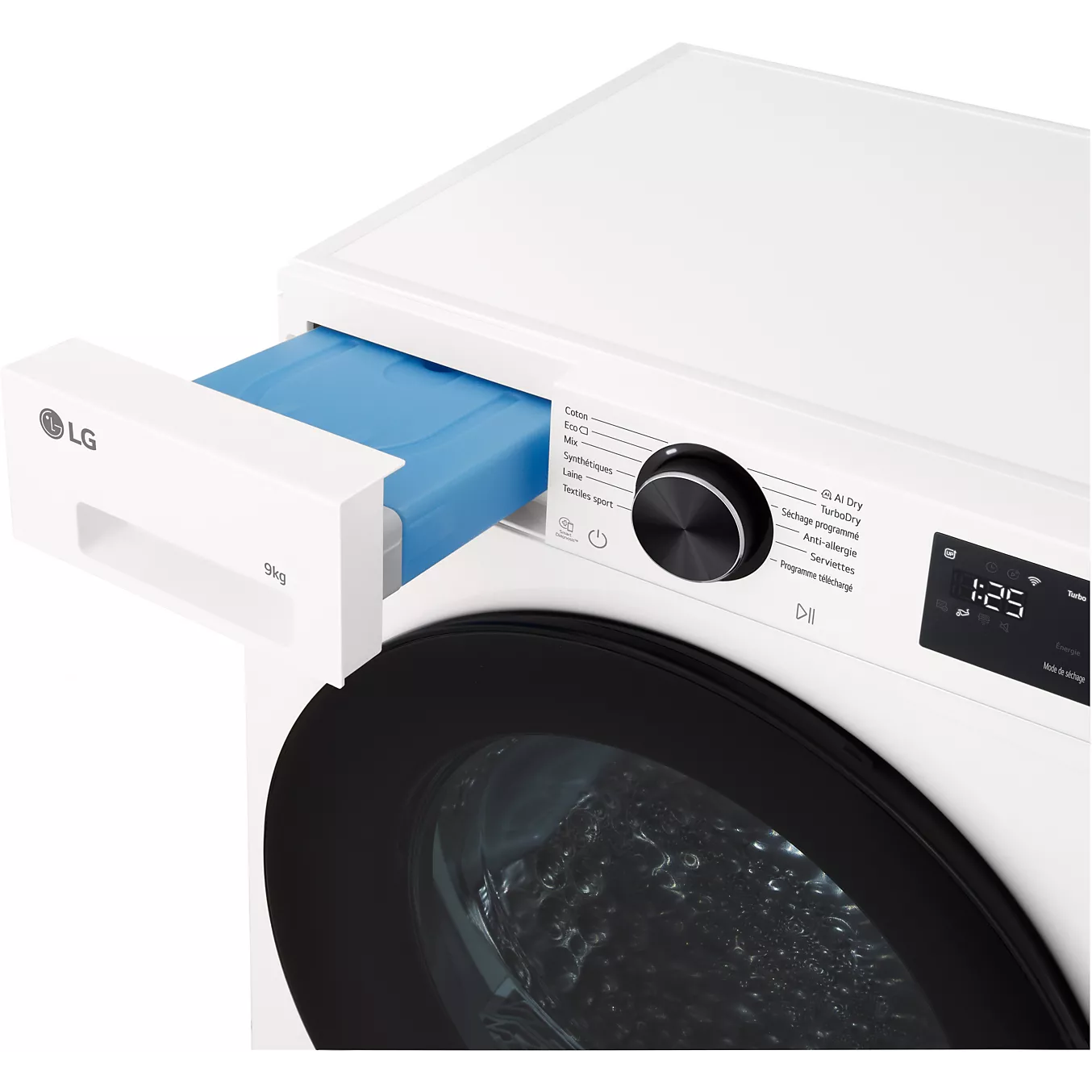 Gros plan sur la machine à laver LG RH9X71WH (Copie), avec le bac à lessive ouvert et l'écran d'affichage numérique visible.