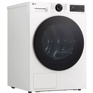 Vue de face du LG RH9X71WH (Copie), un lave-linge à chargement frontal blanc aux lignes épurées, doté d'un écran numérique et d'une porte noire.