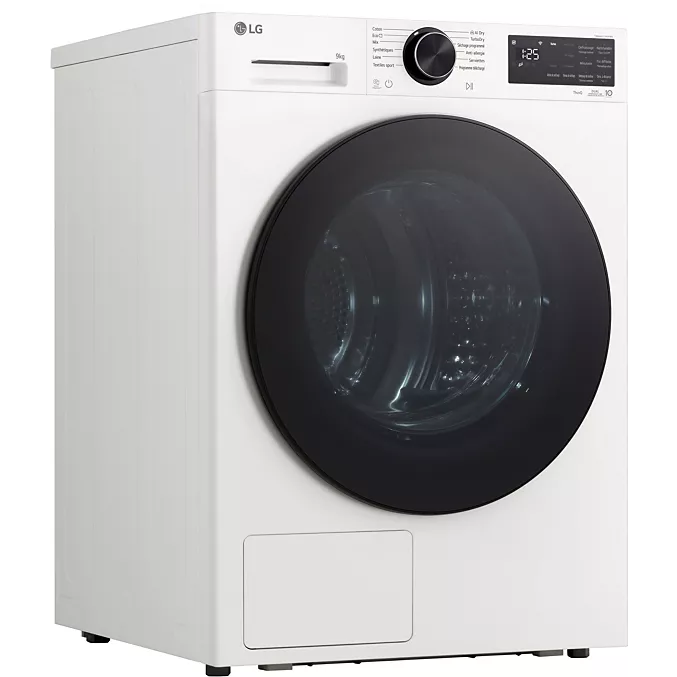 Vue de face du LG RH9X71WH (Copie), un lave-linge à chargement frontal blanc aux lignes épurées, doté d'un écran numérique et d'une porte noire.