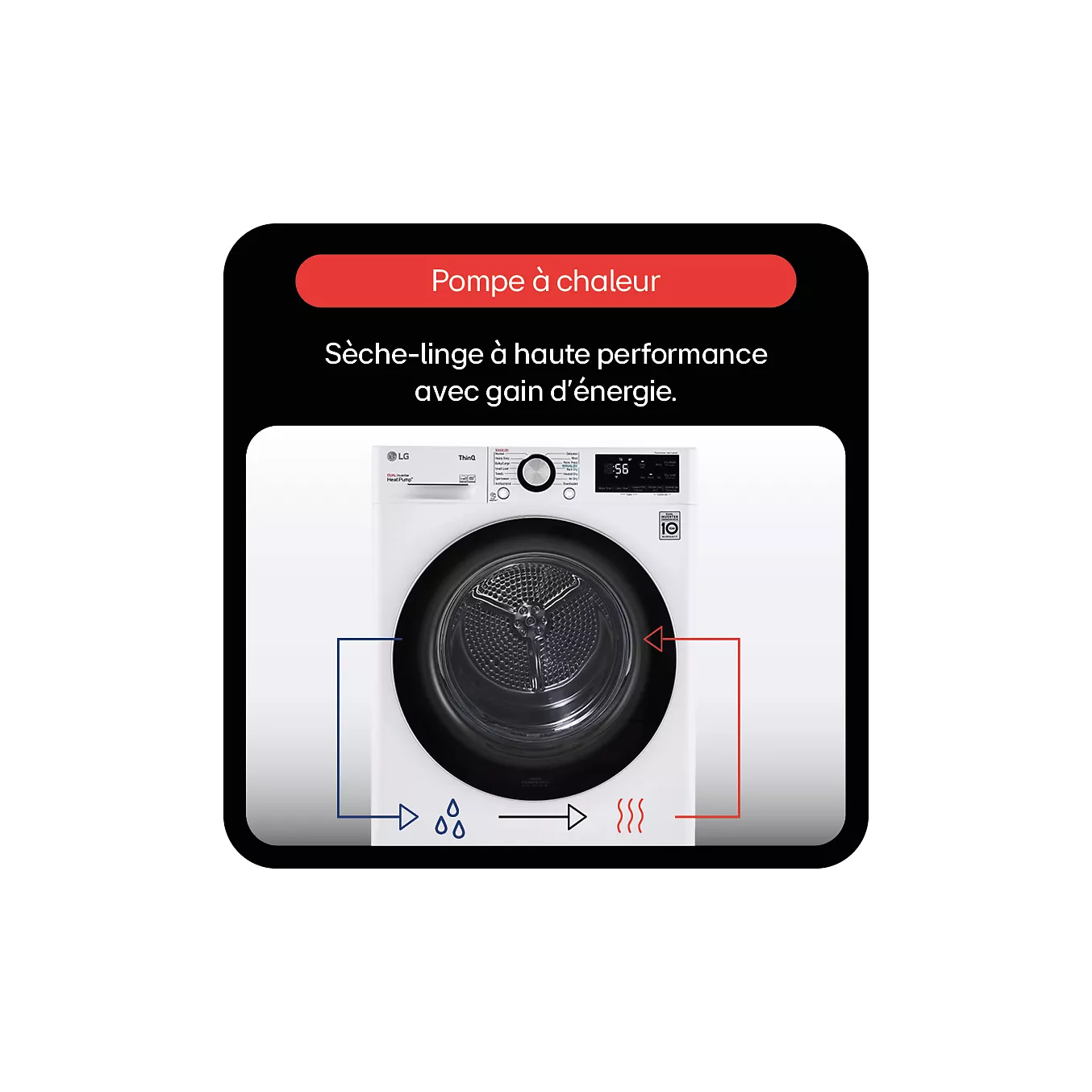 Le LG RH9X71WH (Copie) est un sèche-linge à chargement frontal de couleur blanche, doté d'un panneau de commande et d'un schéma illustré comportant des flèches bleues et rouges qui indiquent la circulation de l'air et la répartition de la chaleur, soulignant ainsi les performances de séchage efficaces de cet appareil.
