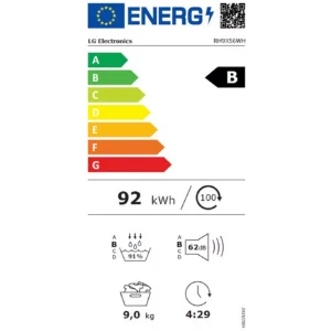 L'étiquette énergétique de l'appareil LG RH9X71WH (Copie), classé B avec une consommation d'énergie de 92 kWh, une capacité de 9 kg, un niveau sonore de 62 dB et une durée de cycle de 4 min 29 s, illustre clairement son niveau d'efficacité.