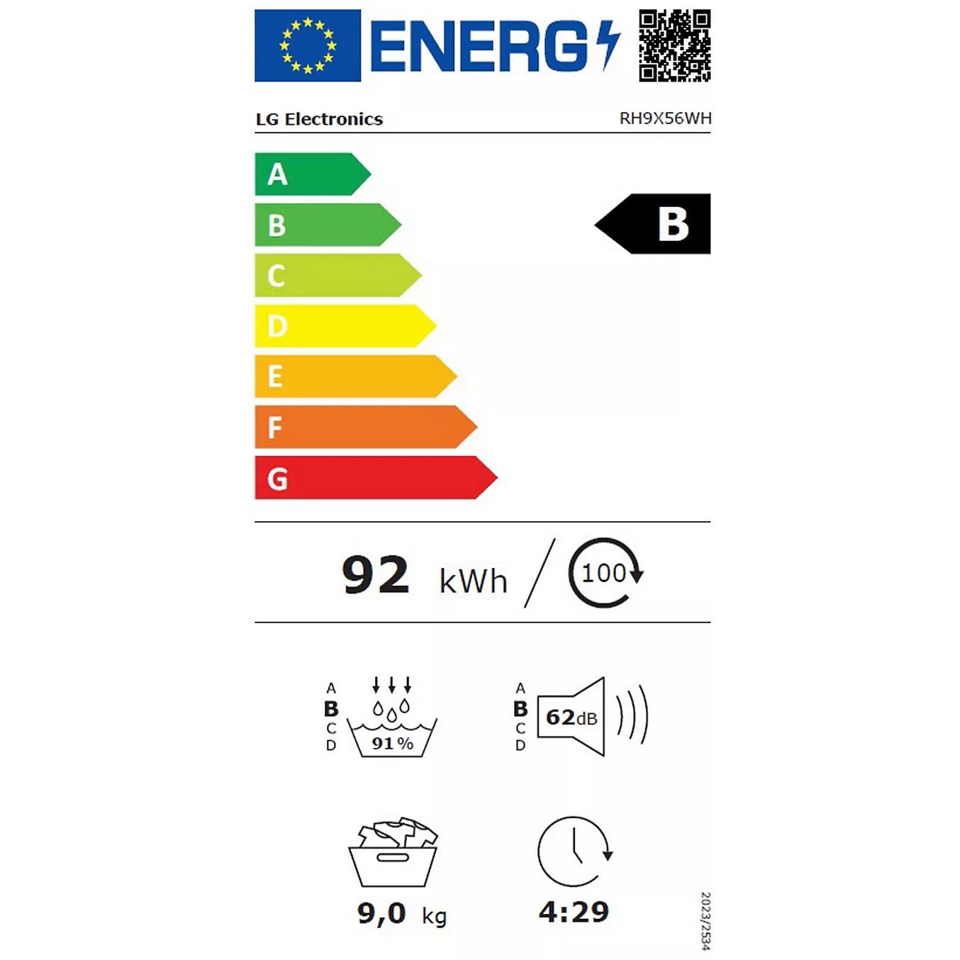 L'étiquette énergétique de l'appareil LG RH9X71WH (Copie), classé B avec une consommation d'énergie de 92 kWh, une capacité de 9 kg, un niveau sonore de 62 dB et une durée de cycle de 4 min 29 s, illustre clairement son niveau d'efficacité.