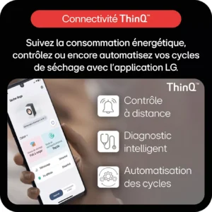Une personne équipée d'un téléphone sur lequel est installée l'application LG ThinQ peut facilement contrôler et surveiller le lave-linge LG RH9X71WH (Copie), y compris sa consommation d'énergie.