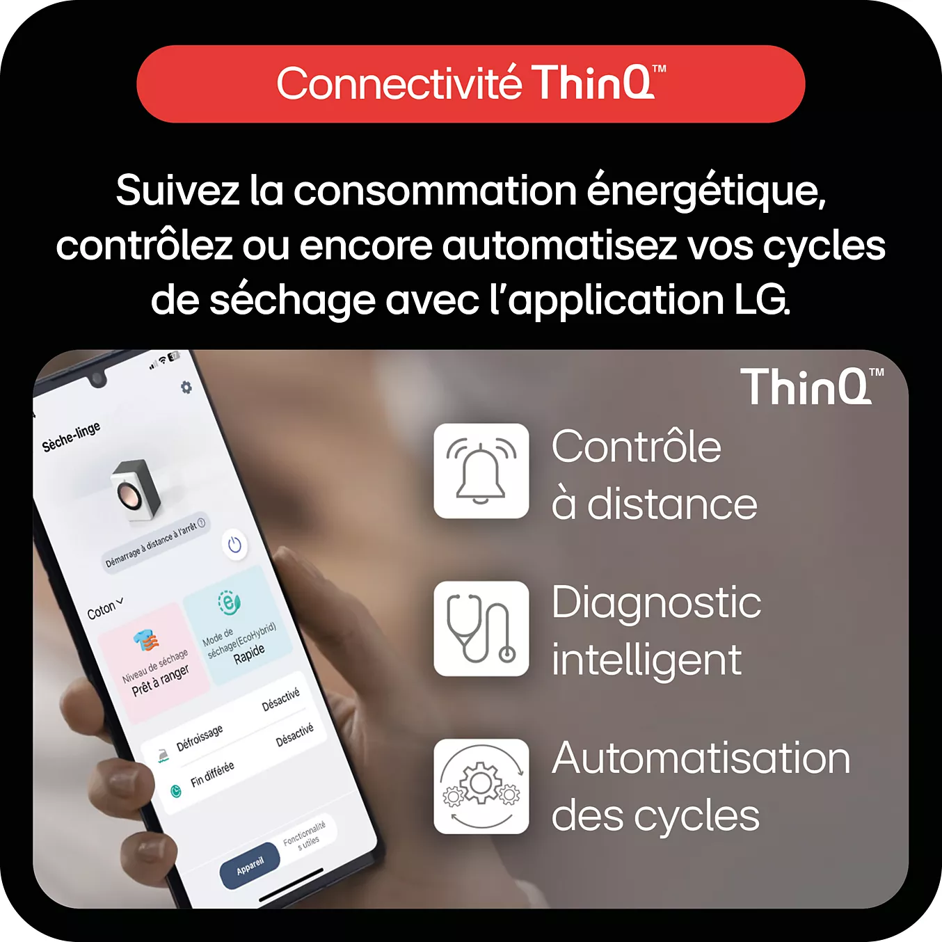Une personne équipée d'un téléphone sur lequel est installée l'application LG ThinQ peut facilement contrôler et surveiller le lave-linge LG RH9X71WH (Copie), y compris sa consommation d'énergie.