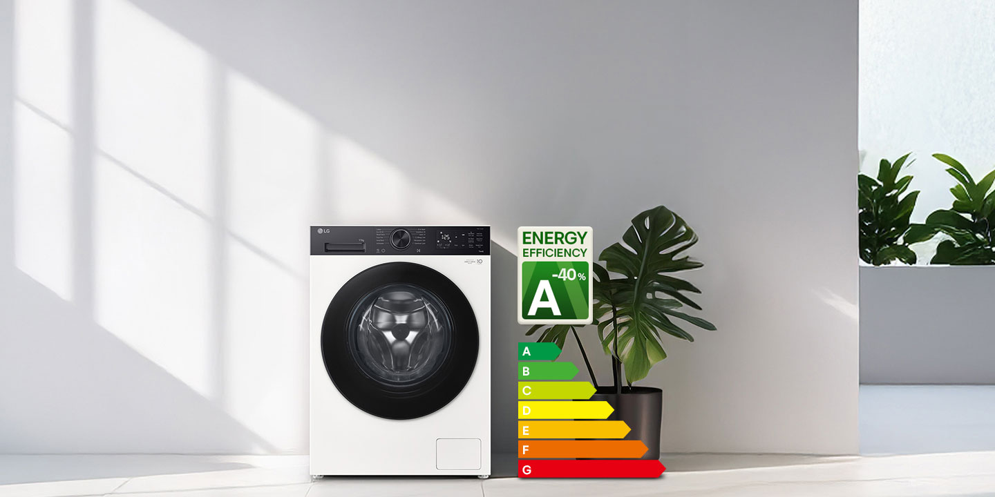 Le lave-linge à chargement frontal LG F14X56WHST est placé à côté d'une plante pleine de vie, avec un tableau de classement énergétique qui met clairement en avant sa performance de classe A.