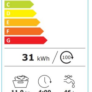 Étiquette énergétique européenne pour le lave-linge à chargement frontal LG F14X56WHST : classe A, 31 kWh pour 100 cycles, charge maximale de 11 kg, durée de cycle de 4 heures, consommation d'eau de 46 litres par cycle et niveau sonore de 71 dB.
