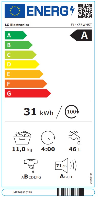 Étiquette énergétique européenne pour le lave-linge à chargement frontal LG F14X56WHST : classe A, 31 kWh pour 100 cycles, charge maximale de 11 kg, durée de cycle de 4 heures, consommation d'eau de 46 litres par cycle et niveau sonore de 71 dB.