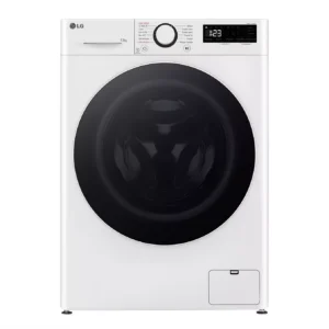 Vue de face du lave-linge LG F34R50WHS de couleur blanche, doté d'un écran numérique et d'une porte ronde noire.