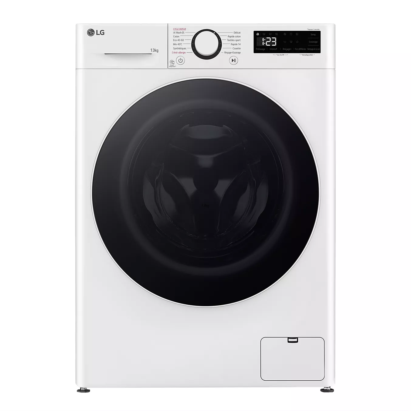 Vue de face du lave-linge LG F34R50WHS de couleur blanche, doté d'un écran numérique et d'une porte ronde noire.
