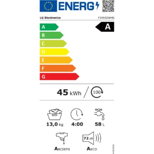 Étiquette énergétique du modèle LG F34R50WHS : classe A, consommation d'énergie de 45 kWh, capacité de 13 kg, durée du cycle de 4 heures, consommation d'eau de 58 litres, niveau sonore de 72 dB, avec indices d'efficacité énergétique.