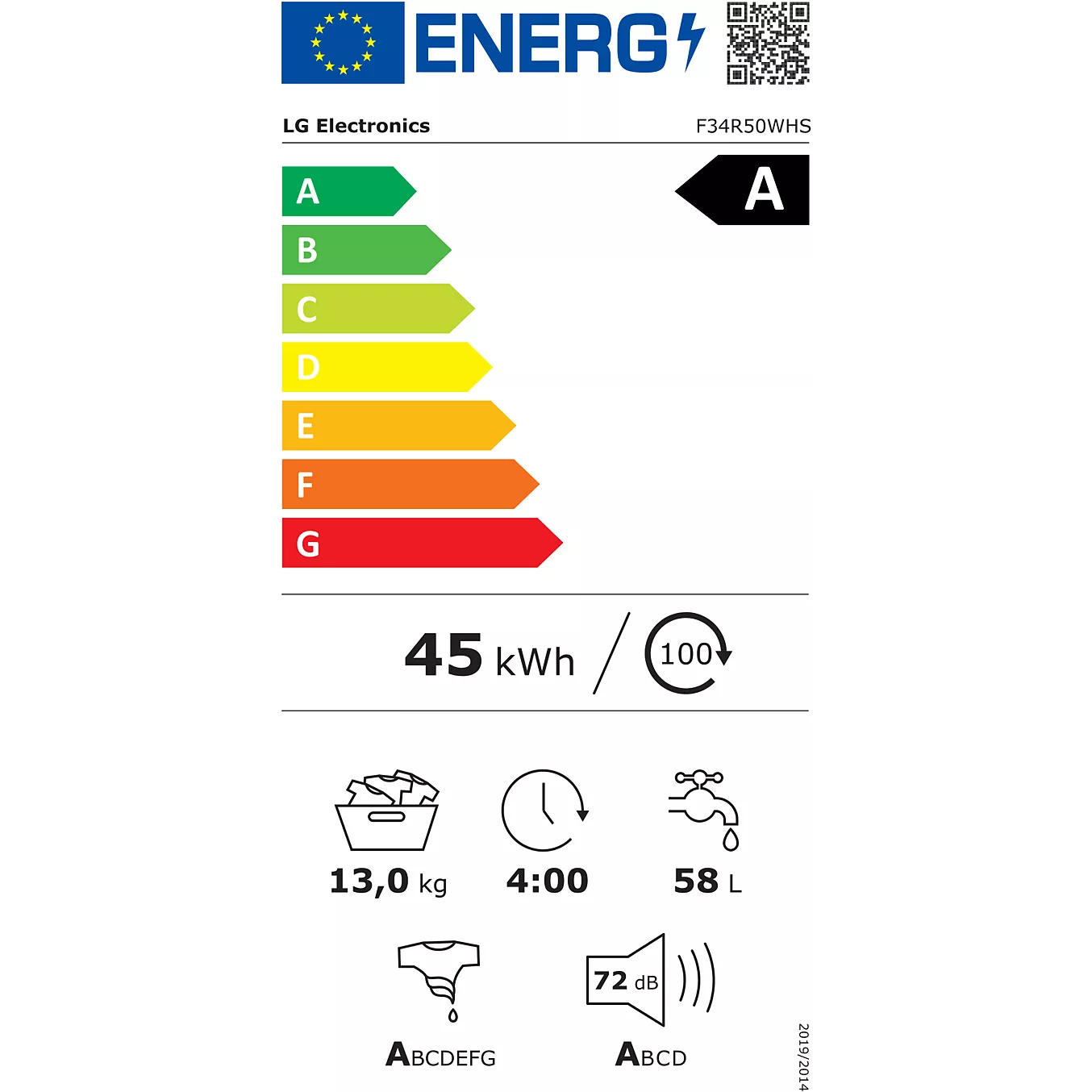Étiquette énergétique du modèle LG F34R50WHS : classe A, consommation d'énergie de 45 kWh, capacité de 13 kg, durée du cycle de 4 heures, consommation d'eau de 58 litres, niveau sonore de 72 dB, avec indices d'efficacité énergétique.