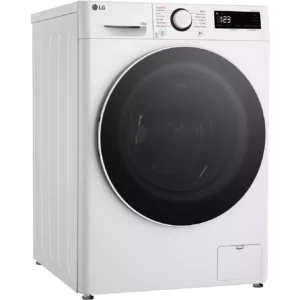 La machine à laver à chargement frontal LG F34R50WHS se distingue par son design épuré blanc, sa porte ronde noire et son panneau de commande numérique intuitif, alliant style et efficacité pour répondre à tous vos besoins en matière de lessive.
