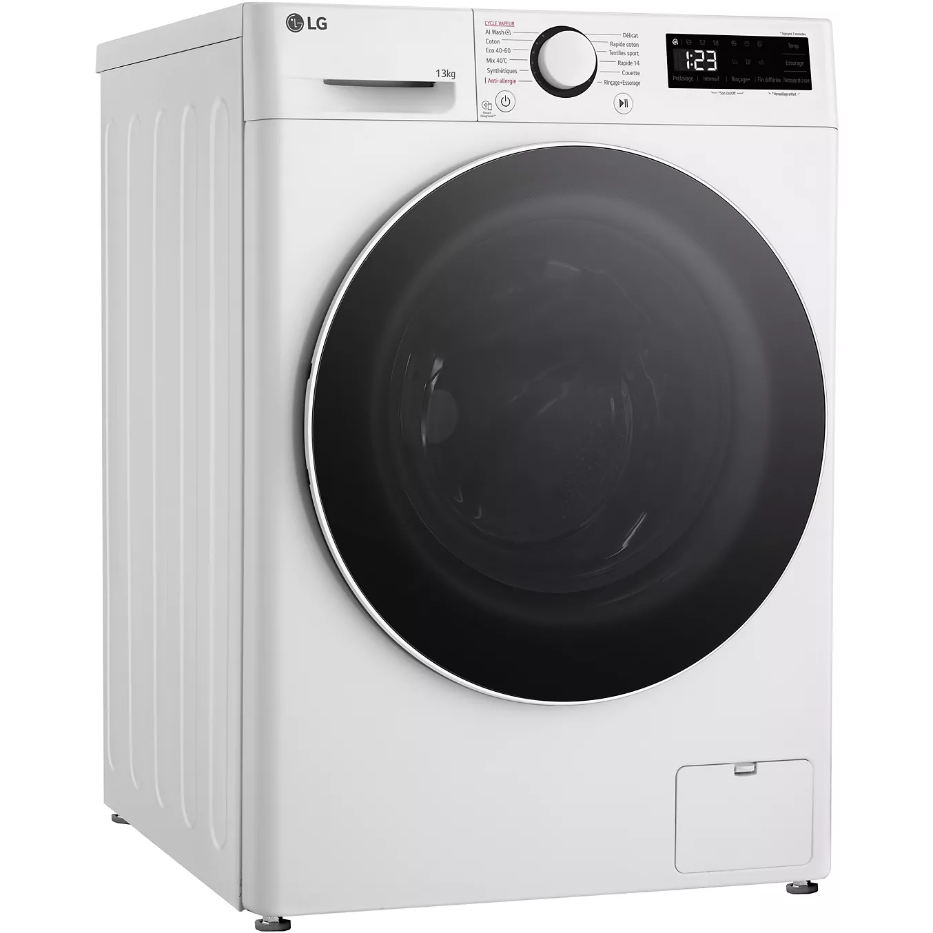 La machine à laver à chargement frontal LG F34R50WHS se distingue par son design épuré blanc, sa porte ronde noire et son panneau de commande numérique intuitif, alliant style et efficacité pour répondre à tous vos besoins en matière de lessive.