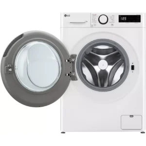 Vue de face du lave-linge à chargement frontal LG F34R50WHS de couleur blanche, dont la porte est ouverte, laissant apparaître le tambour vide et le panneau de commande.