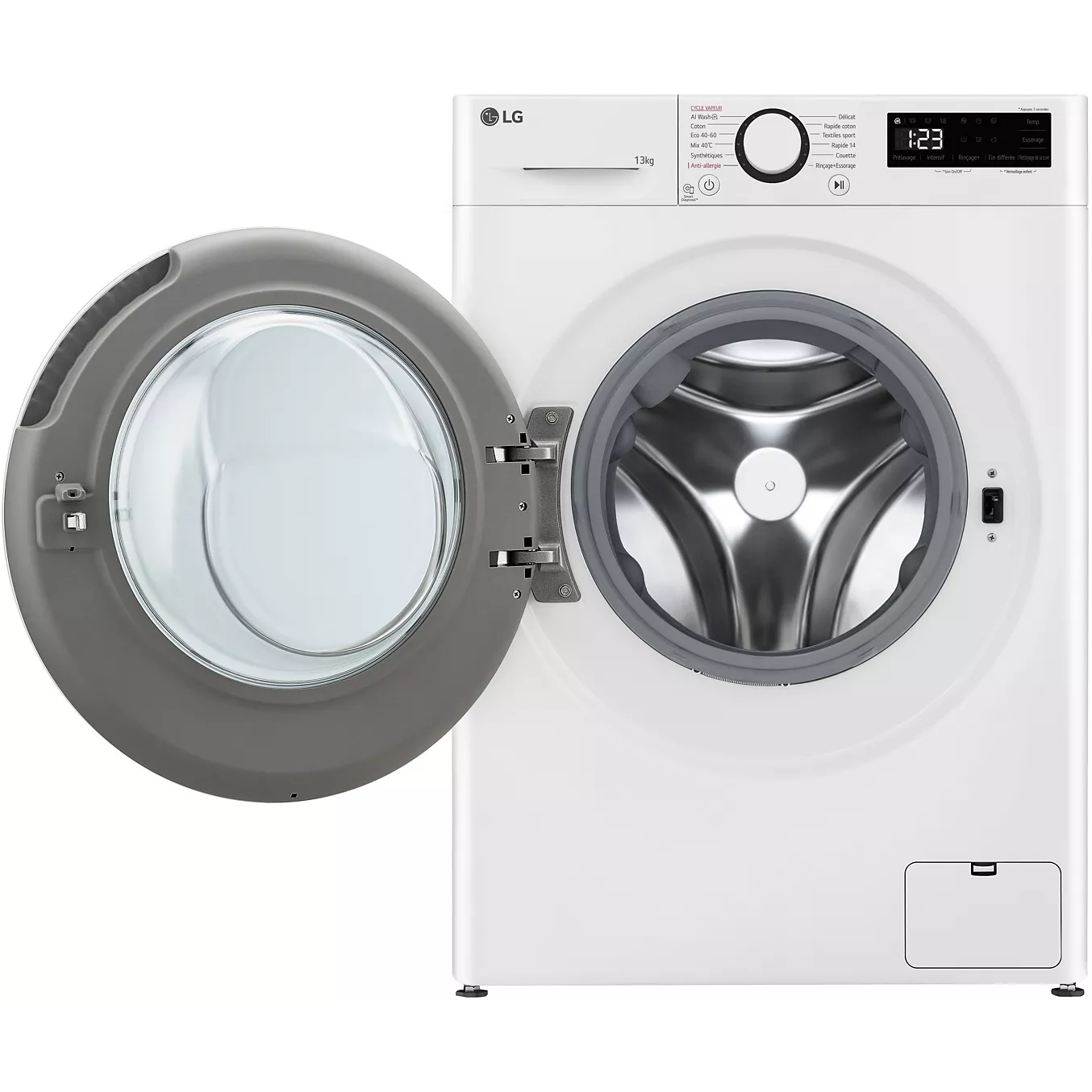 Vue de face du lave-linge à chargement frontal LG F34R50WHS de couleur blanche, dont la porte est ouverte, laissant apparaître le tambour vide et le panneau de commande.