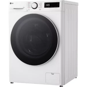 Vue de face du LG F34R50WHS, un lave-linge à chargement frontal doté d'un boîtier blanc épuré, d'une porte noire et d'un écran numérique.