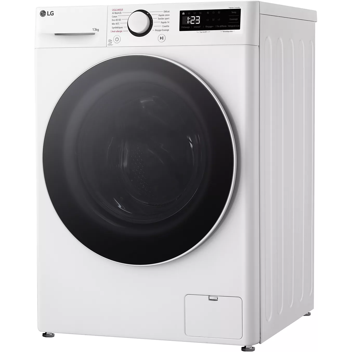 Vue de face du LG F34R50WHS, un lave-linge à chargement frontal doté d'un boîtier blanc épuré, d'une porte noire et d'un écran numérique.