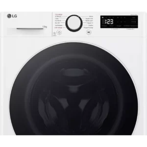 Vue de face du lave-linge à chargement frontal LG F34R50WHS de couleur blanche, doté d'un écran numérique affichant 1:23 et proposant plusieurs options de cycle.